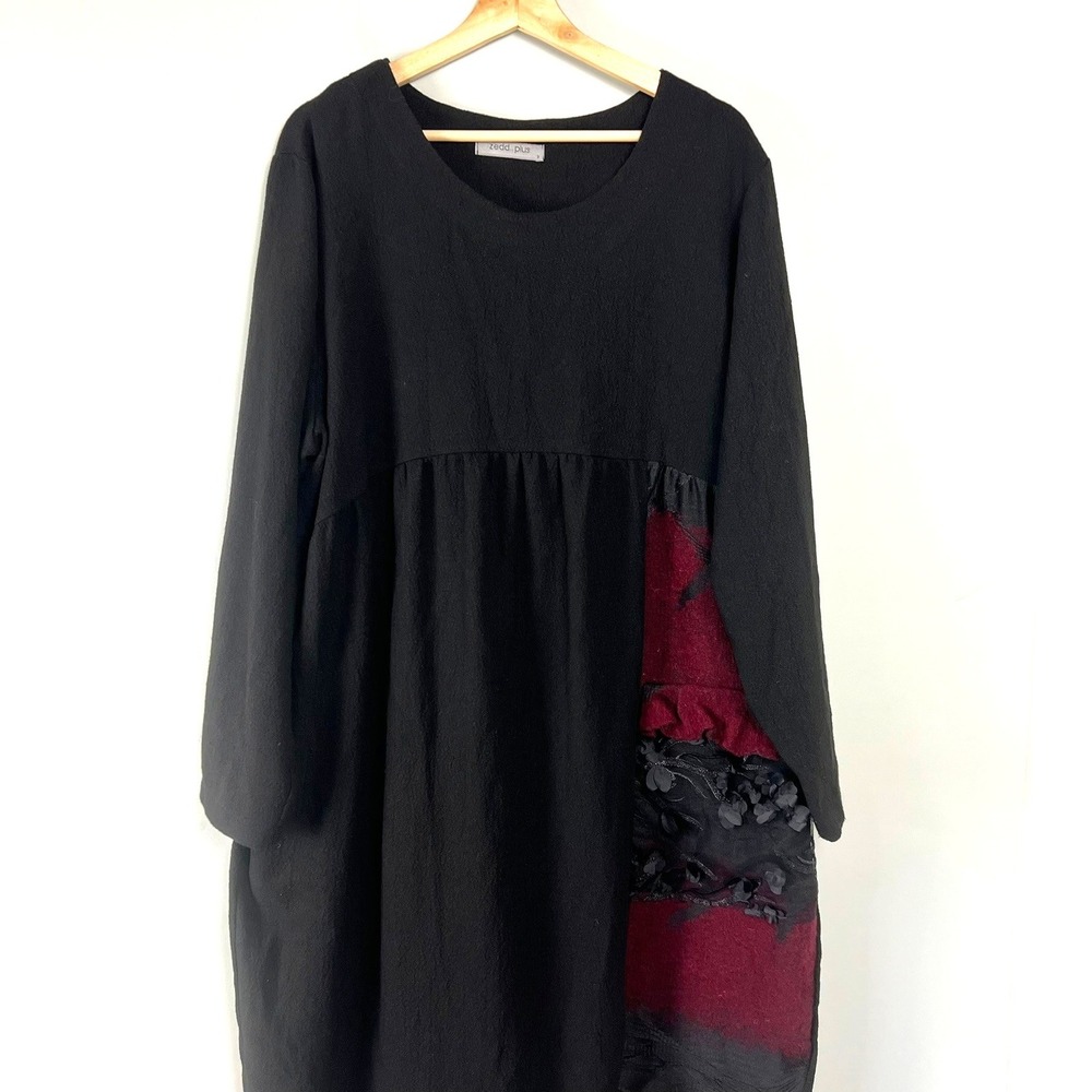 Zedd Plus Black 3D Floral Applique Mixed Media Midi Dress Sz 3 2XL Lagenlook - Picture 2 of 13